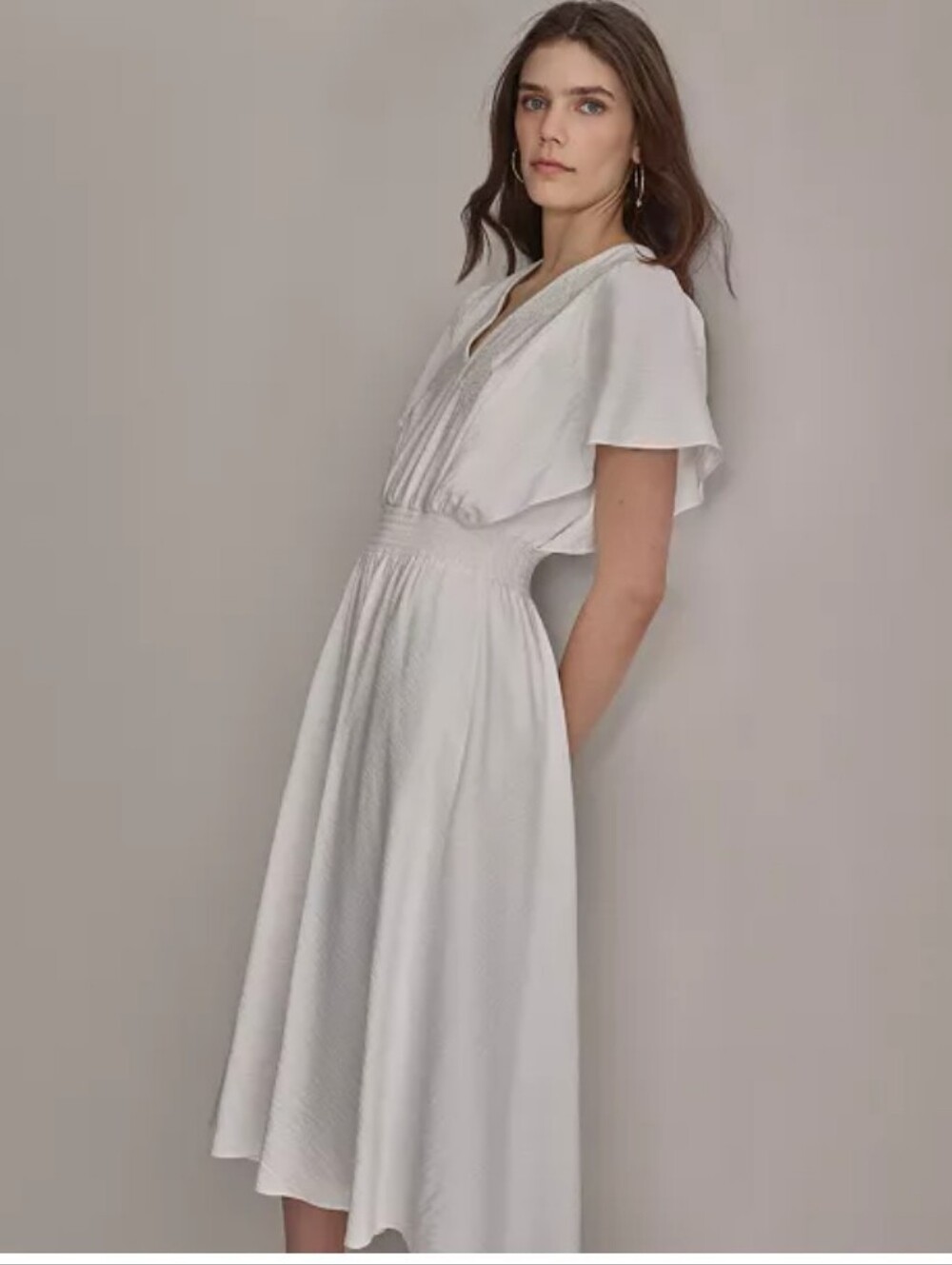 White V-Neck Smocked Waist Midi Dress Dkny #303*